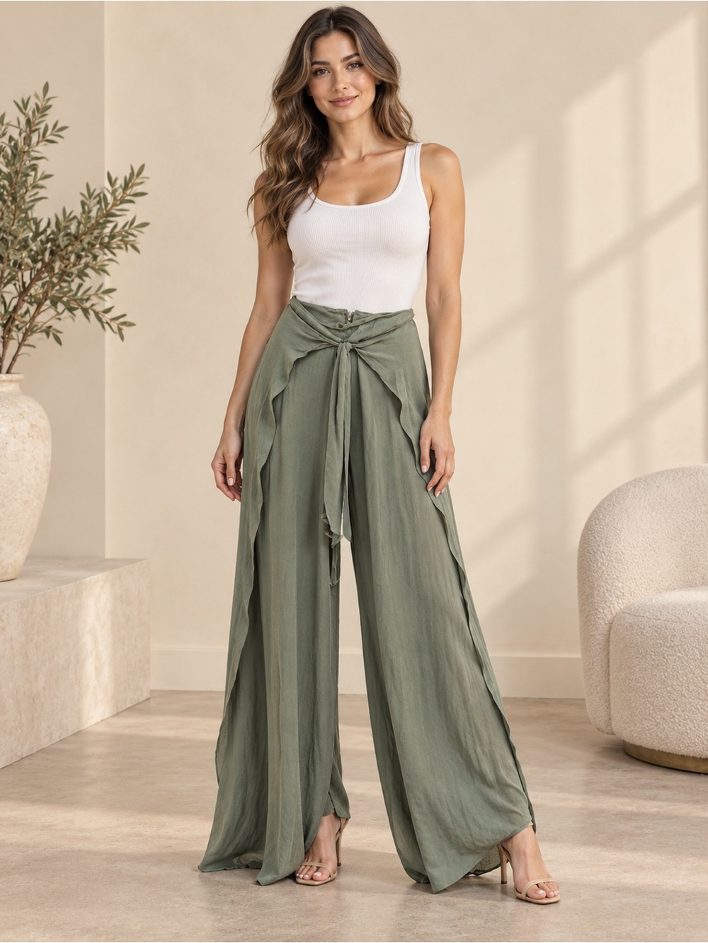 Hollister Olive Tie-Front High-Waist Wide-Leg Pants